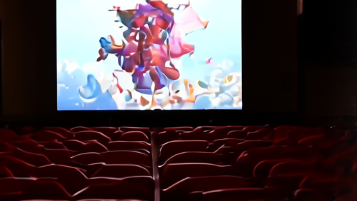 A movie poster for Masters of the Universe displayed on an empty theater screen with vacant red seats in the foreground