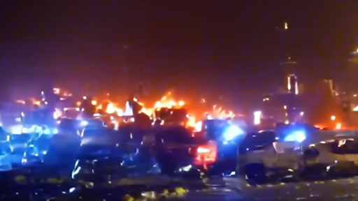 Police in riot gear deploying a water cannon on a Belfast street at night with burning vehicles in the background