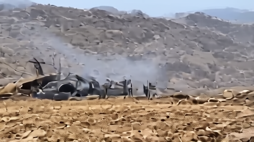Emergency responders at a crash site in a mountainous area with wreckage visible in the background