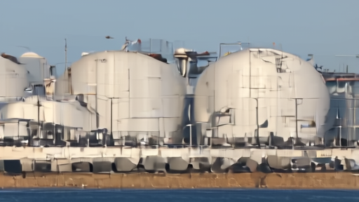A massive LNG tanker docked at an industrial terminal with spherical storage tanks visible in the background