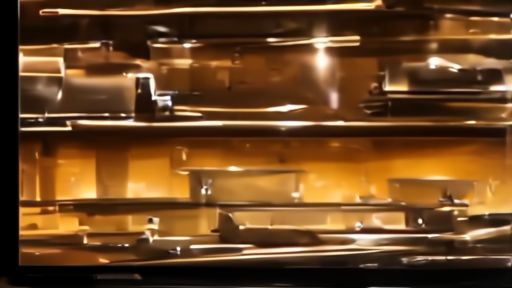 A television screen showing a dimly lit restaurant kitchen with warm amber lighting