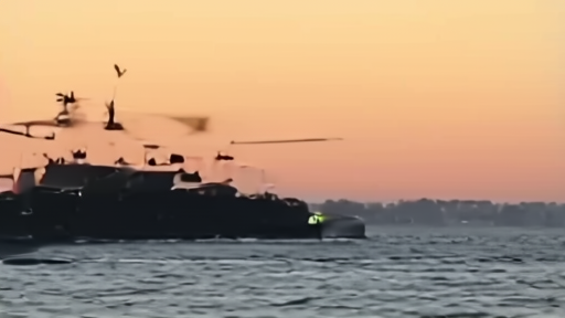 A US Navy autonomous vessel on open water with military helicopters visible in the background at dusk