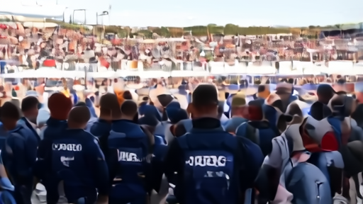Fans entering a World Cup stadium past a line of uniformed officers with ICE标识 visible on their vests