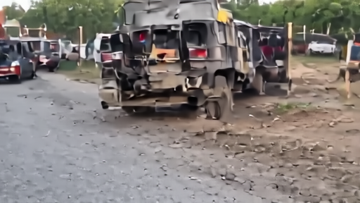 A burnt-out school minibus on a roadside with emergency vehicles and distressed community members nearby