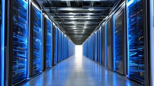 Row of server racks in a massive data center facility with cooling infrastructure