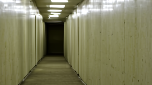 Empty fluorescent-lit hallway stretching into infinity, the signature Backrooms liminal space aesthetic