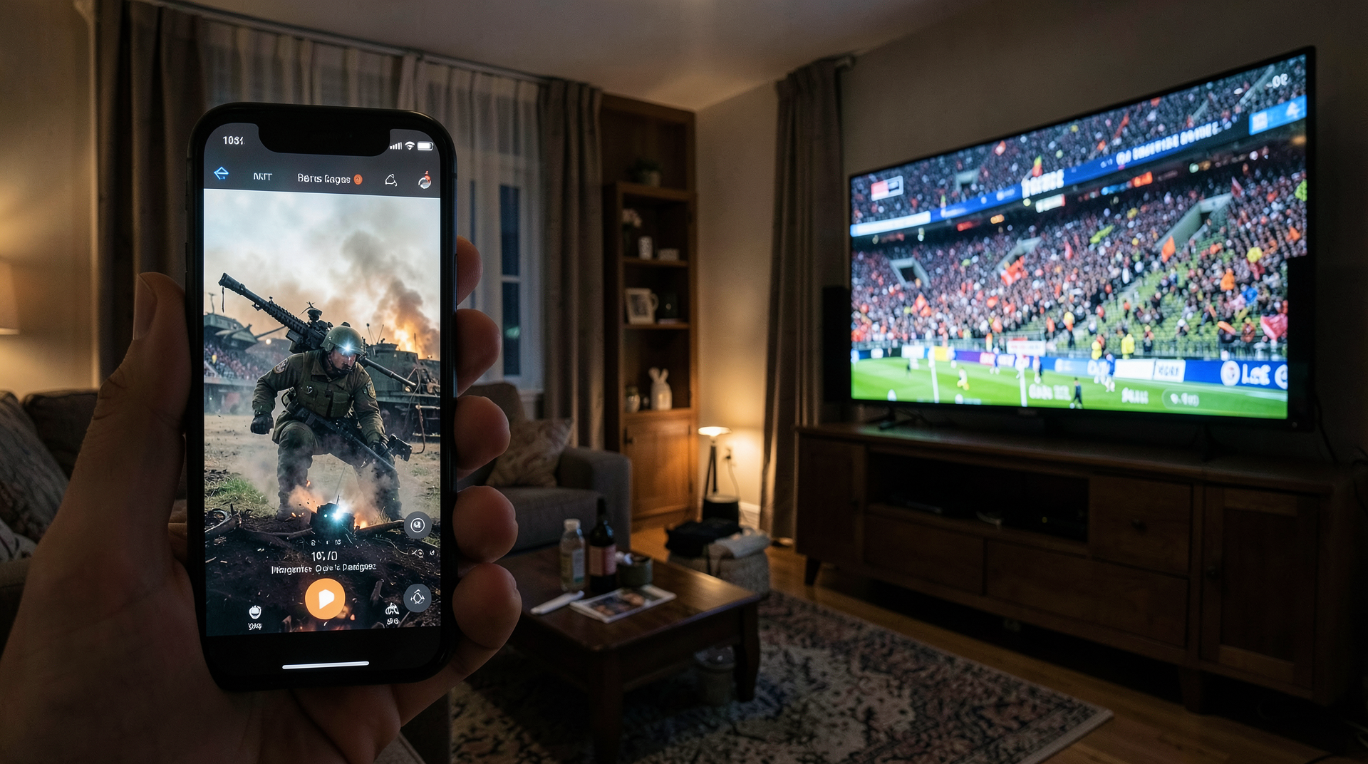 Split screen showing CENTCOM strike footage on a phone and World Cup stadium lights on a television