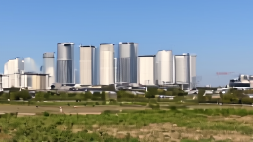 Data center facility exterior with community protest signs visible in foreground