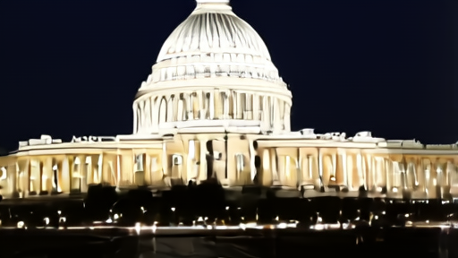 Capitol building at night with illuminated windows against a dark sky