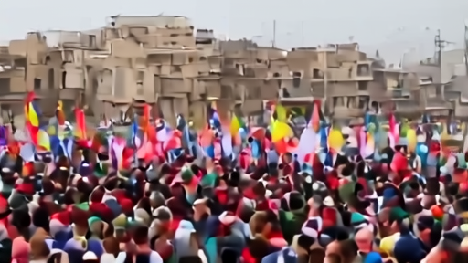 Crowd of demonstrators in Beirut's southern suburbs waving flags during a political rally