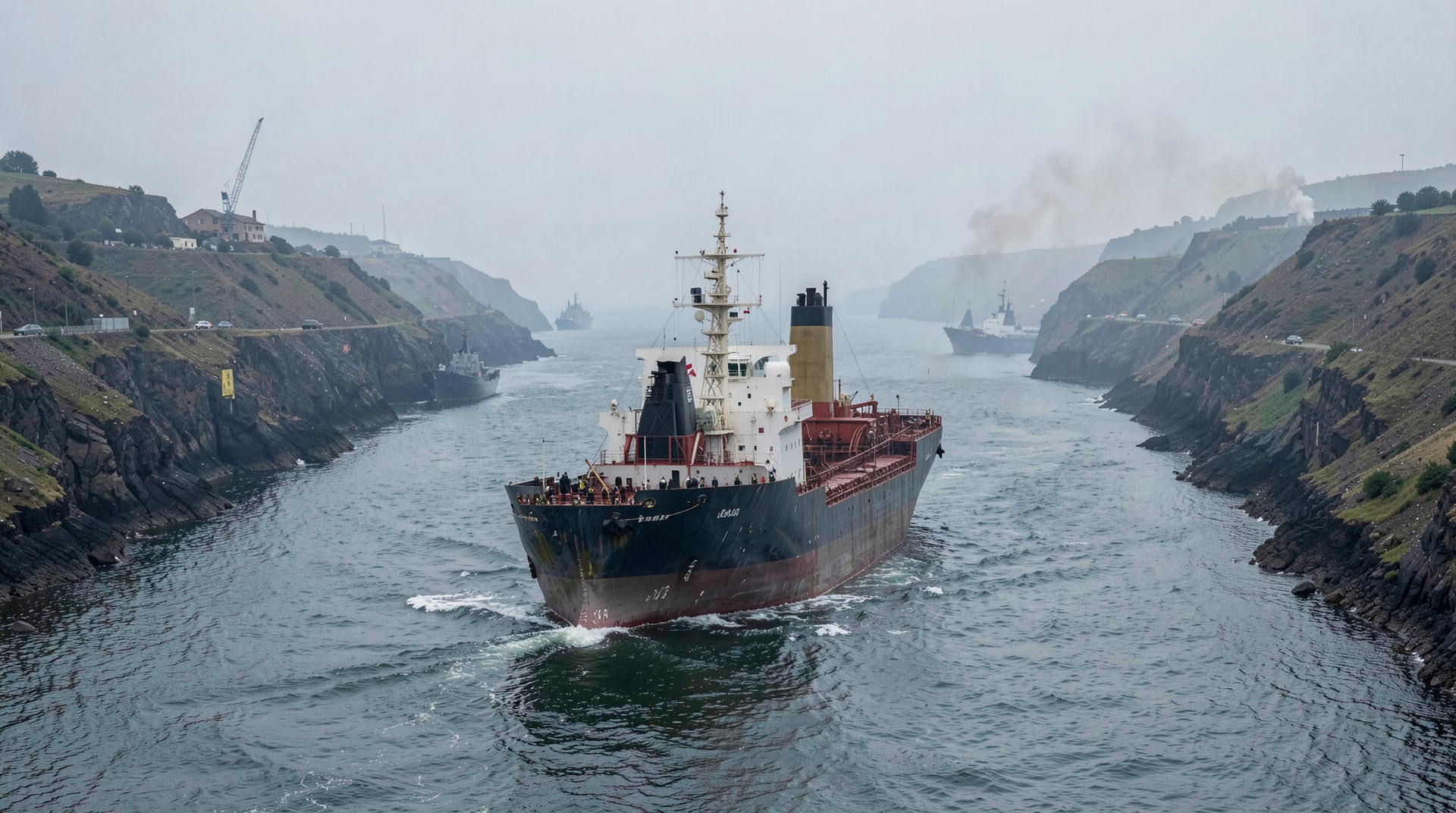 Wide shot of a commercial tanker in the Strait of Hormuz with naval vessels visible in the distance