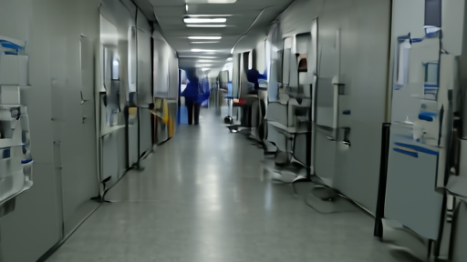 Hospital corridor with limited medical supplies and overhead fluorescent lighting