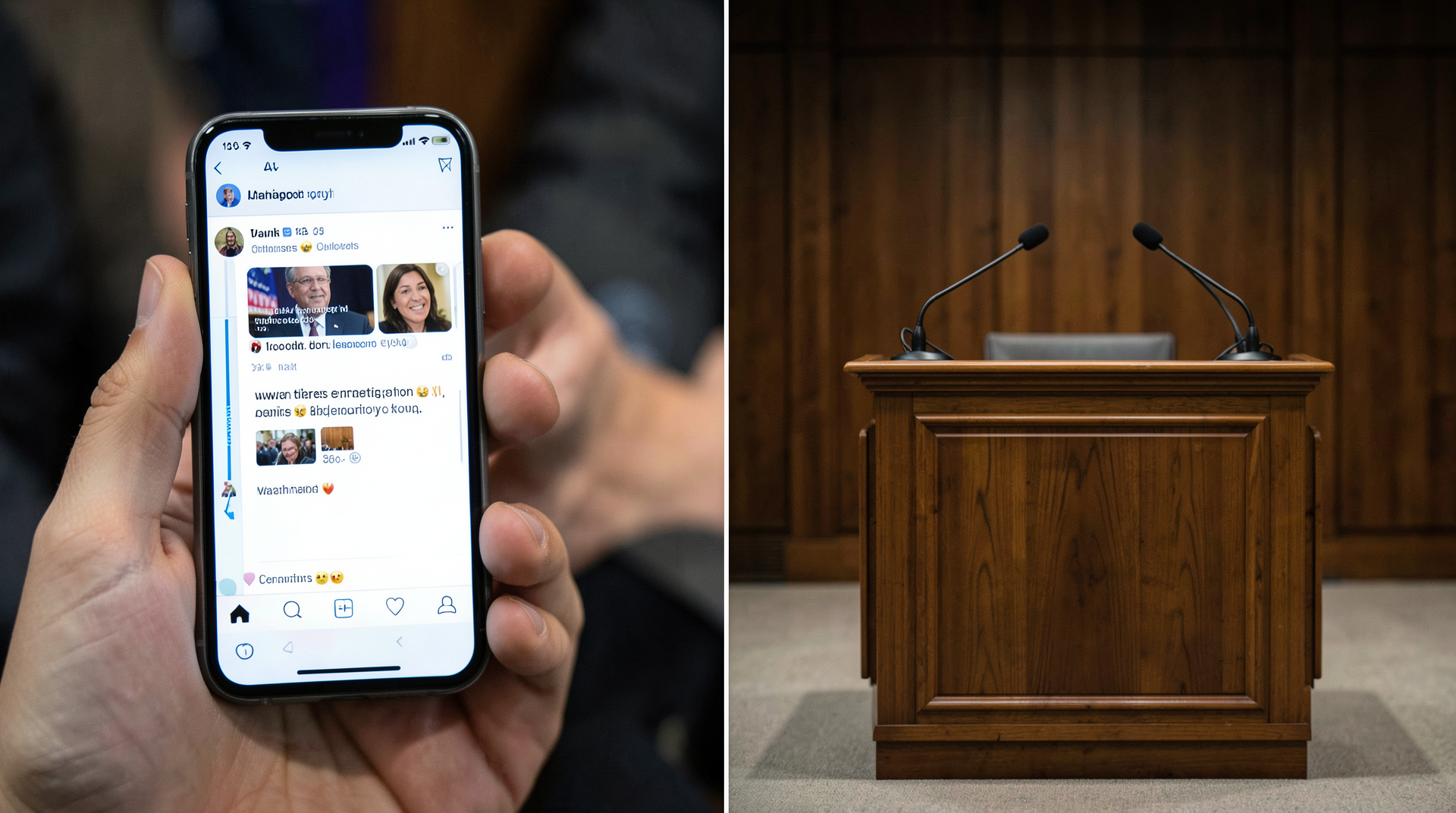Split composition showing a phone screen with a social media post on one side and a government podium on the other