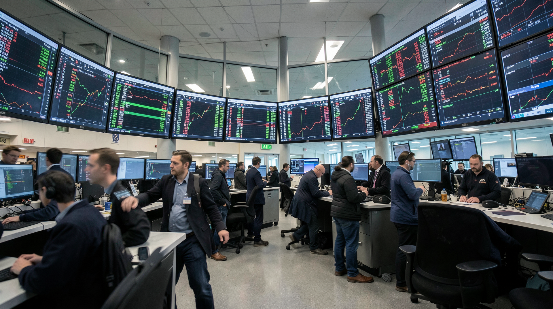 Trading floor screens showing green and red arrows with market data