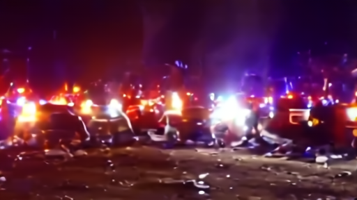Police vehicles on a street at night with debris scattered across the road