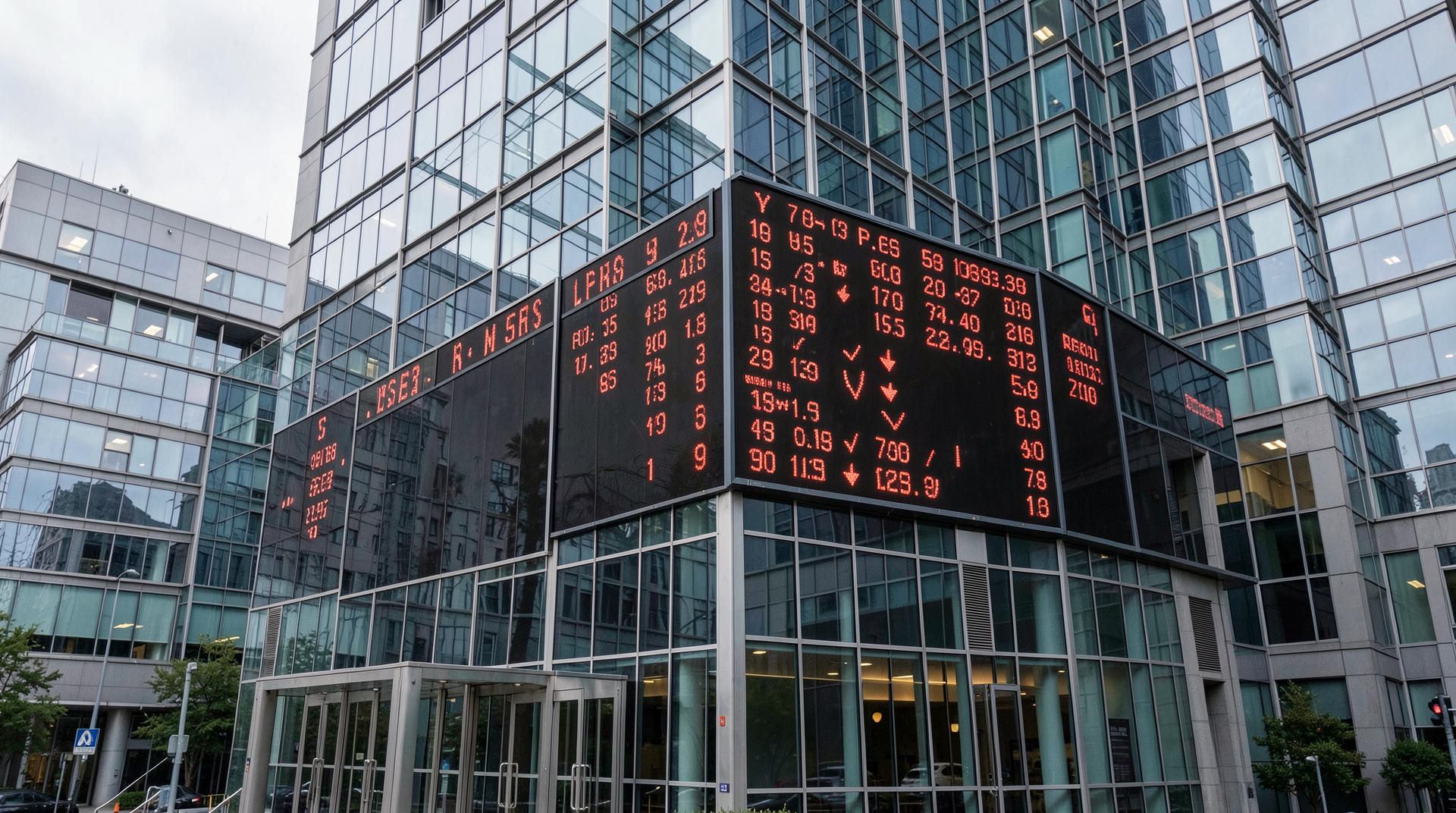 Oracle headquarters building with stock ticker showing red decline