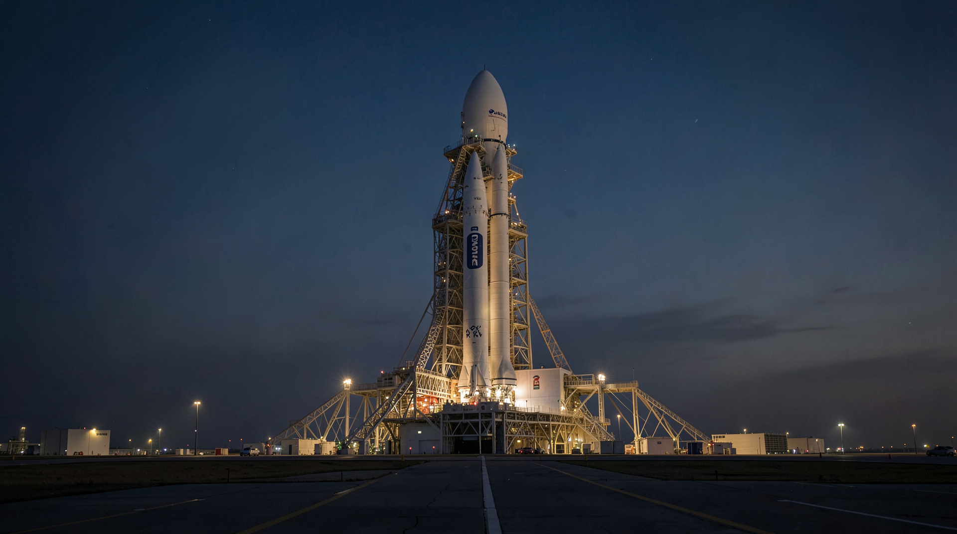 SpaceX rocket on launchpad at dusk with illuminated gantry