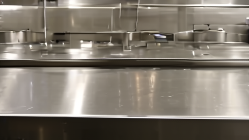 A dimly lit restaurant kitchen with stainless steel surfaces and hanging pots
