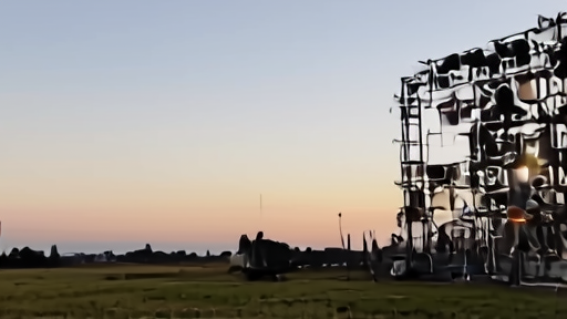 A large outdoor festival stage being constructed at dawn with workers and equipment