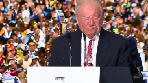 Warren Buffett speaking at a podium during Berkshire Hathaway annual meeting