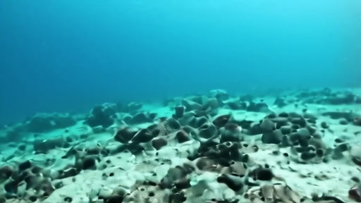 Whale bones scattered on the ocean floor visible through clear blue water