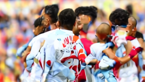 Soccer players celebrating a goal in a packed stadium during the World Cup