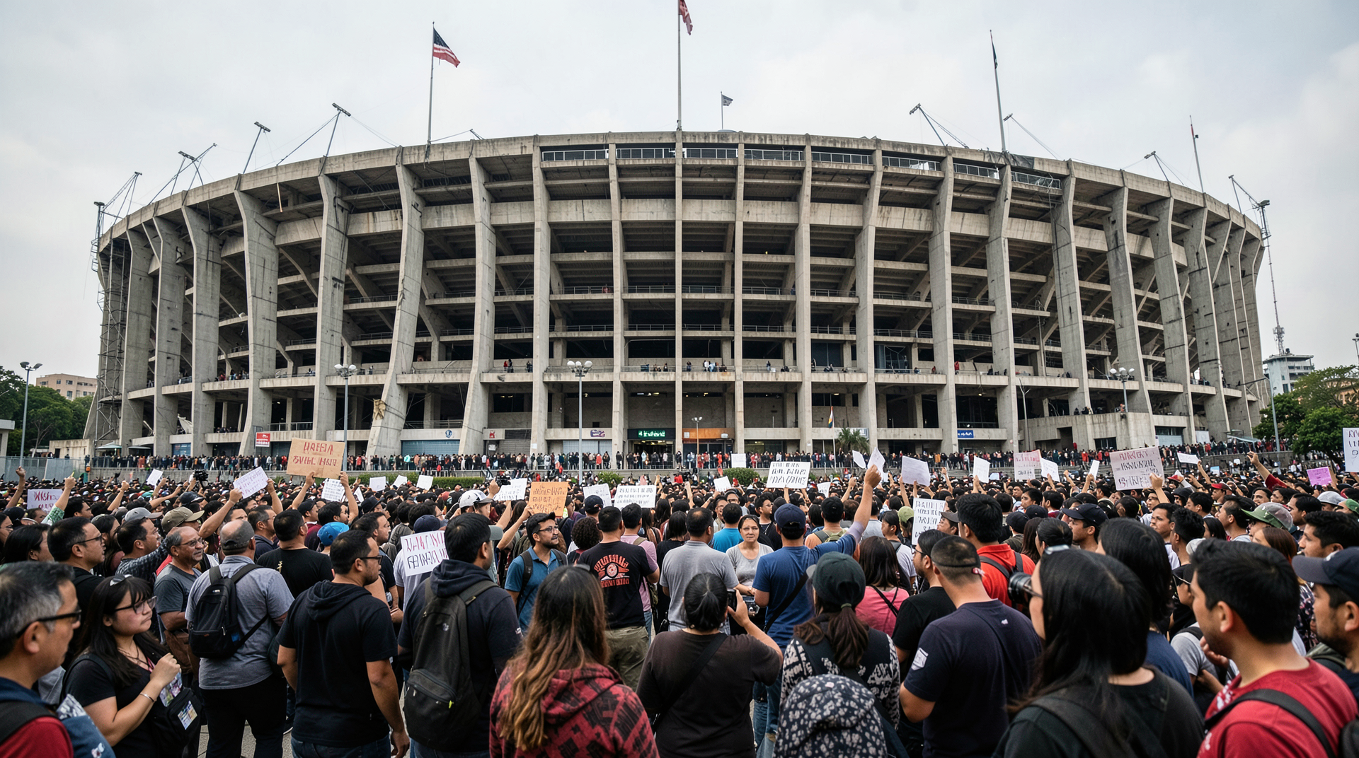 Wide shot of Azteca Stadium exterior with protesters visible in the foreground