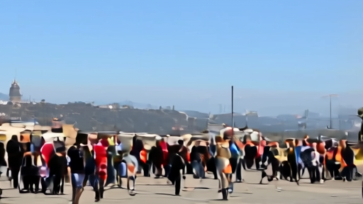 Soccer fans walking from a hot transit stop toward a stadium under marine haze