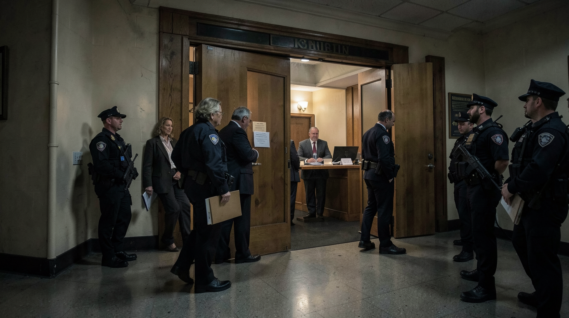 A dim Capitol hallway outside a closed intelligence hearing room with aides carrying folders.