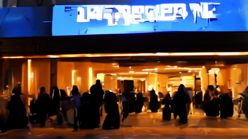 Moviegoers entering a theater at dusk beneath a digital showtime board