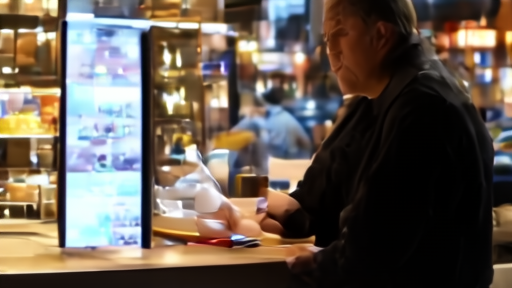 A delivery worker waits while a customer studies an AI ordering screen.