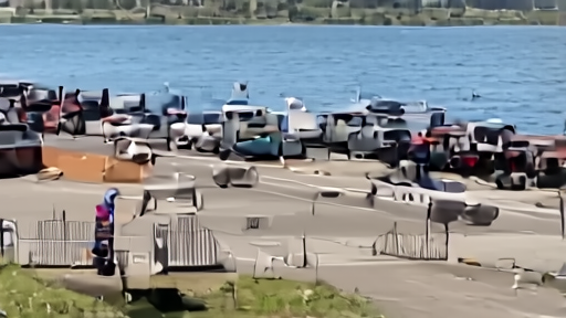 Armed border police inspect vehicles near a lakeside summit roadblock.