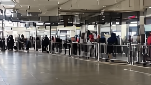 A team bus waits outside an airport arrivals terminal near border officers