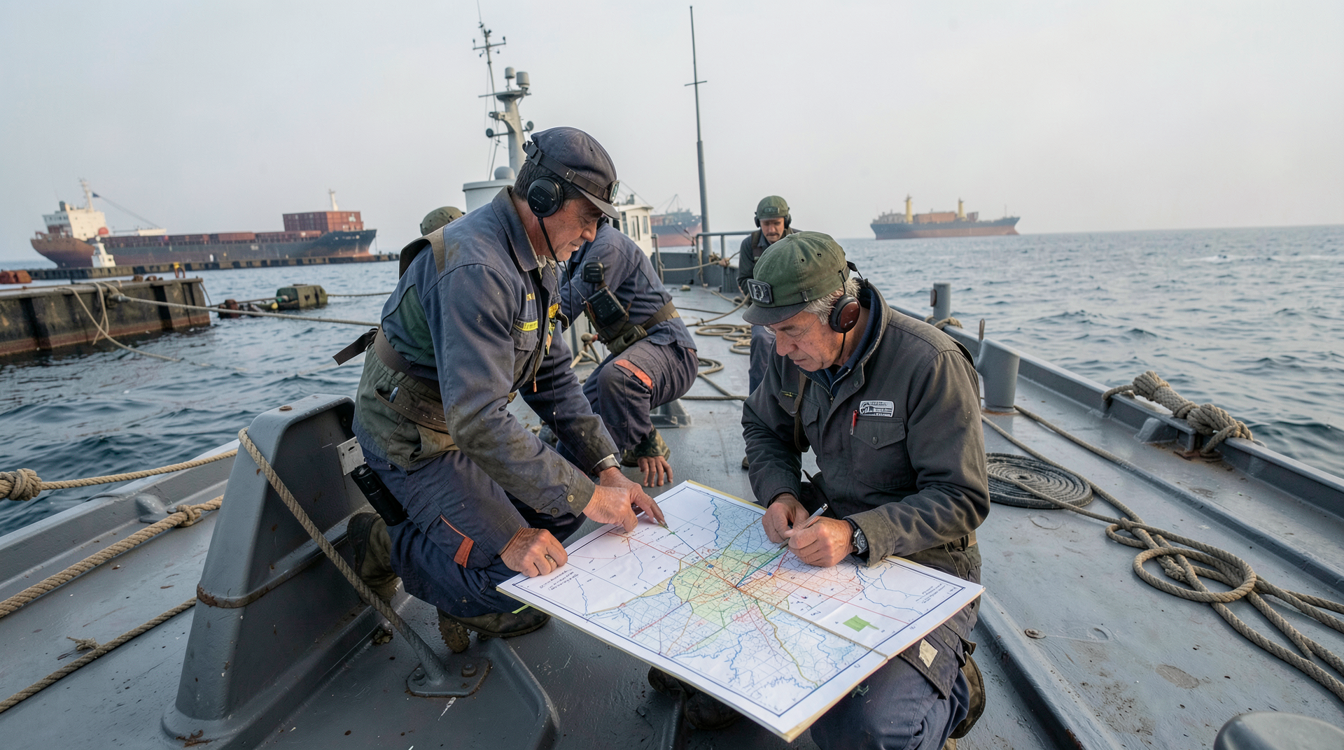 A naval minesweeping crew studies a chart while cargo ships wait beyond a hazy horizon.