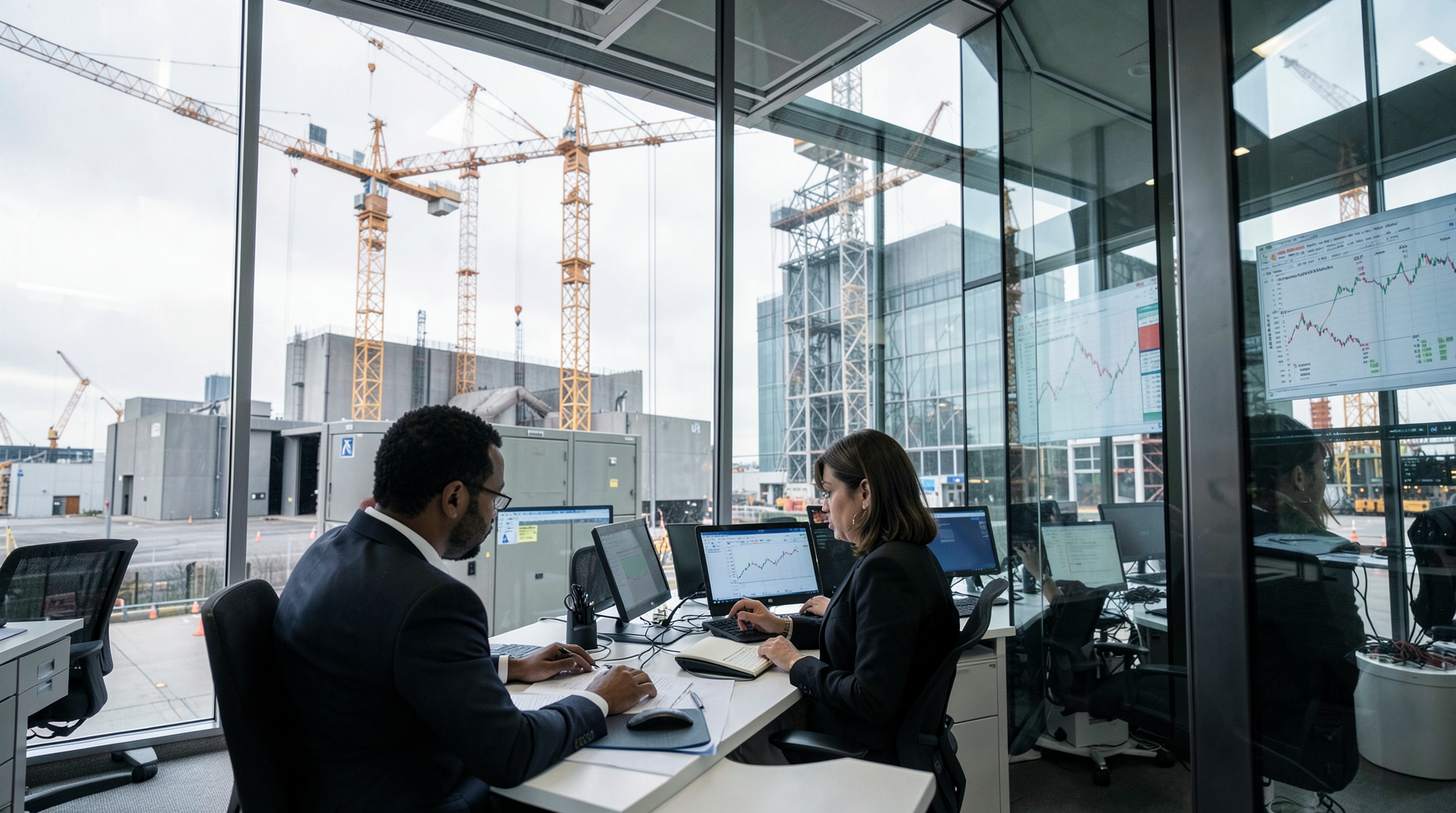 Data-center cranes rise behind office workers reviewing earnings printouts.