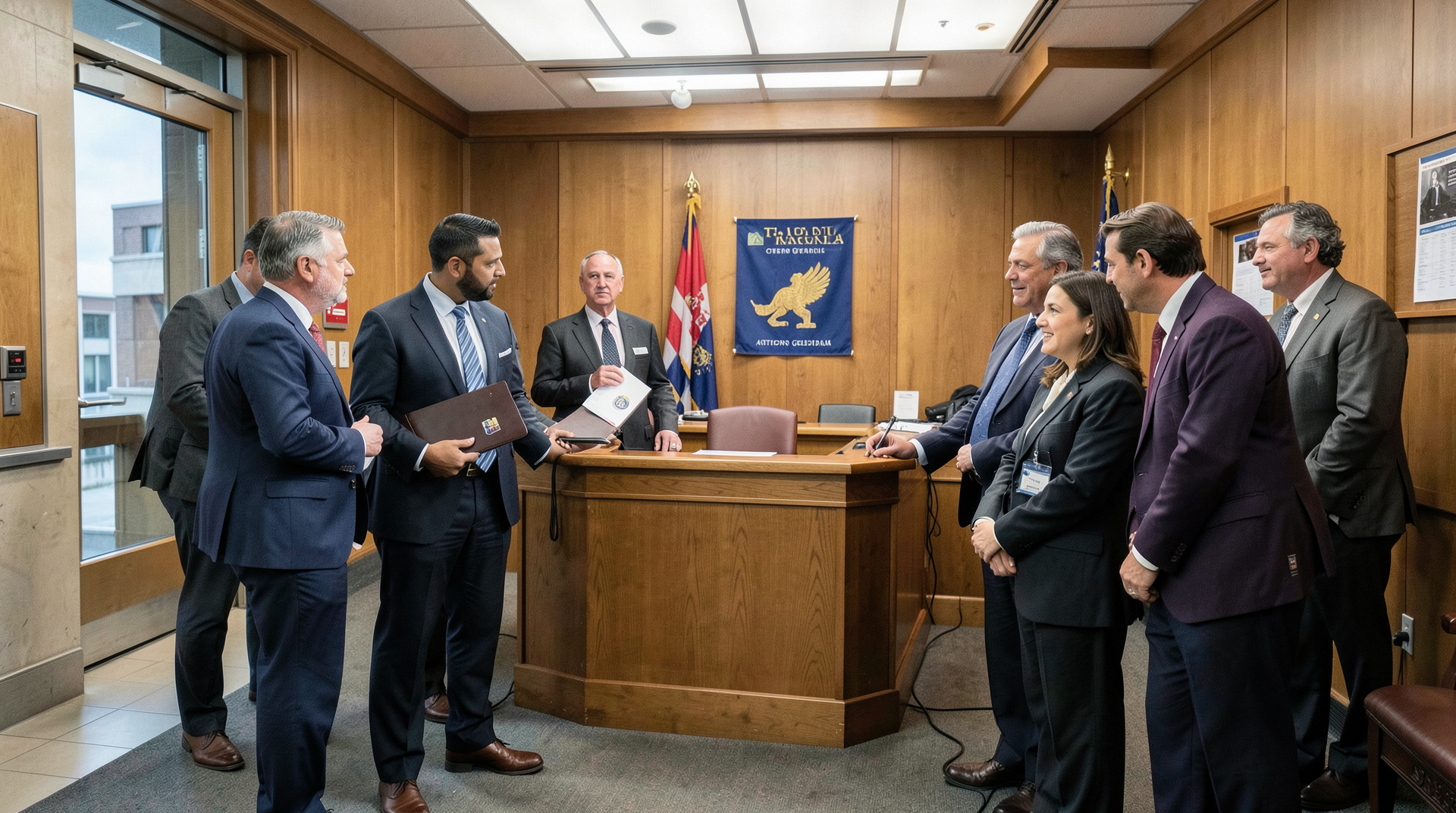 Media lawyers and reporters wait outside a state attorney general hearing room with studio-logo folders.