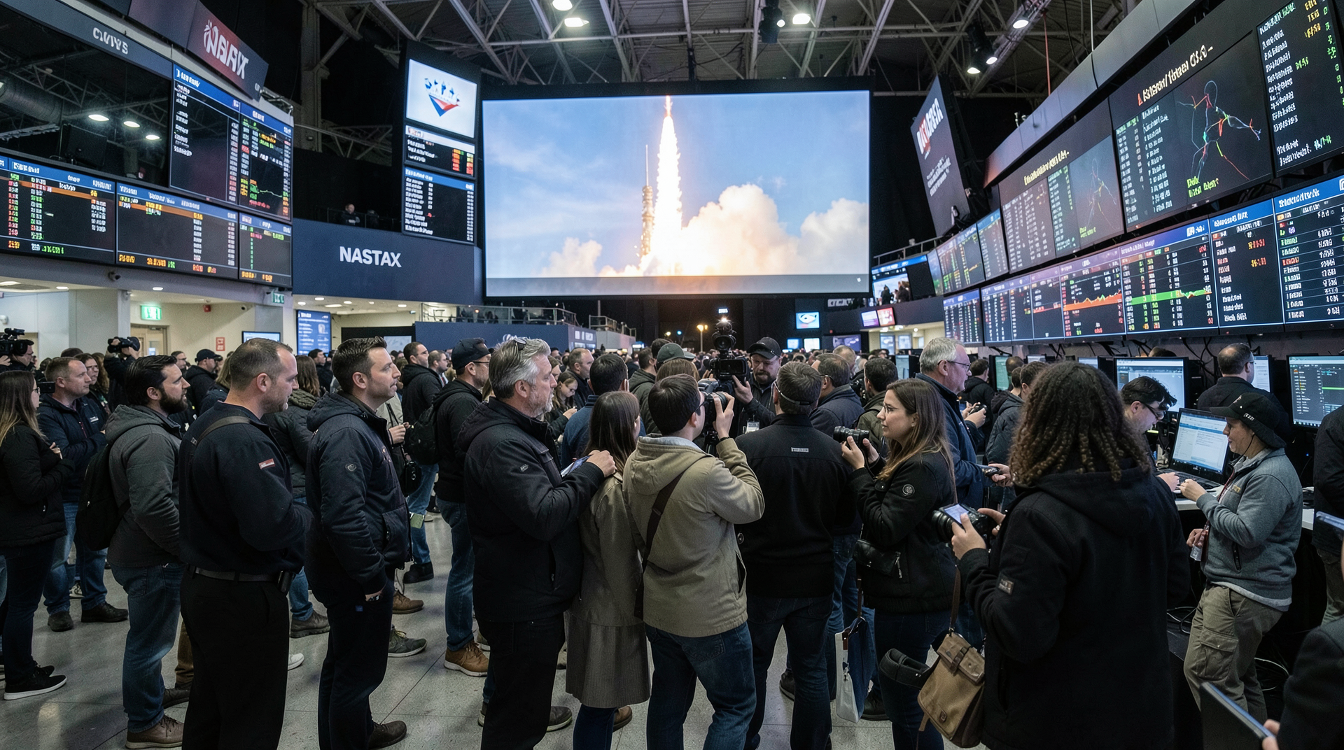 Traders and photographers stand before a Nasdaq display with a rocket image in the background.