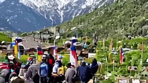 Swiss voters entering a small alpine polling place with flags and mountains nearby