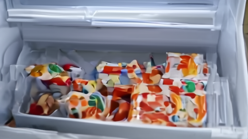 Gloved hands checking packaged prepared foods in an open home freezer drawer