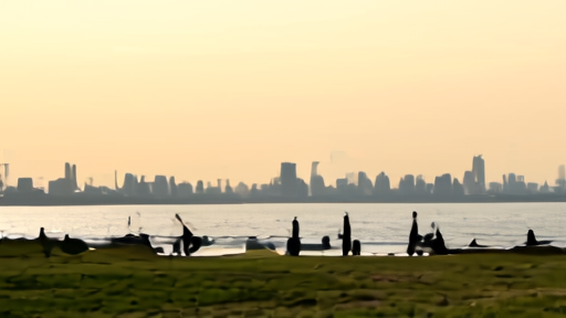 A hazy East Coast skyline with youth soccer practice and commuters under pale light