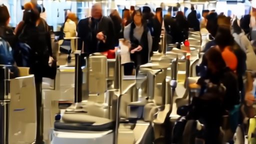 A long airport security line with travelers checking documents near stanchions