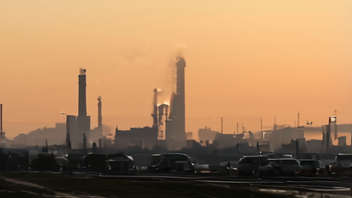 A distant industrial plant at dawn with smoke beyond rail tracks and emergency vehicles