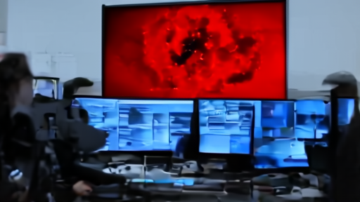 Astronomers in a dim control room studying a deep-field image with a red smudge-like object