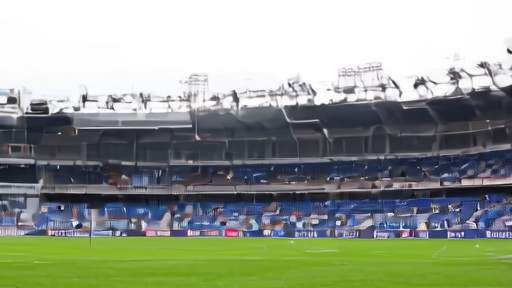 A stadium ceremony stage being assembled beside a soccer pitch under broadcast lights