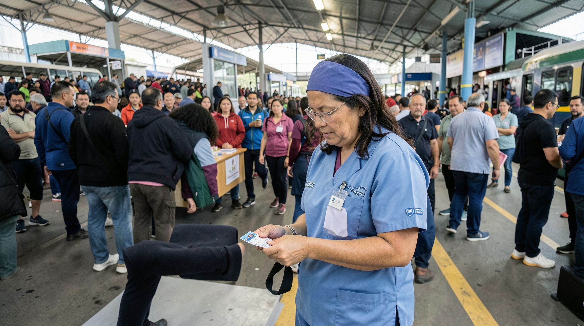 A public-health nurse reviews vaccination cards at a temporary clinic near soccer fans.