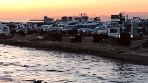 Bay water spills across a low sidewalk near parked cars at dusk
