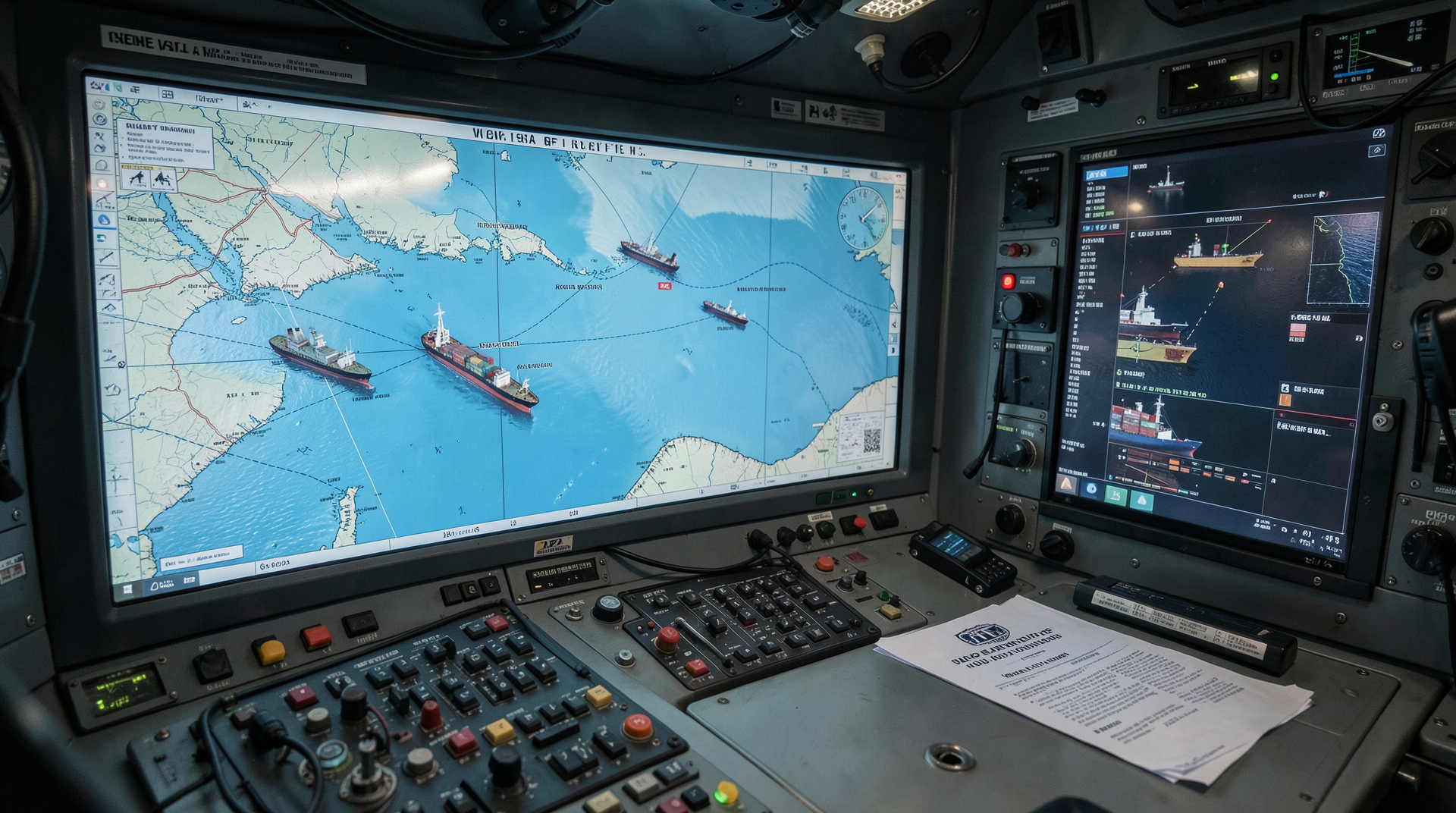 A naval operations room tracks cargo ships beside a printed Strait of Hormuz safety advisory.