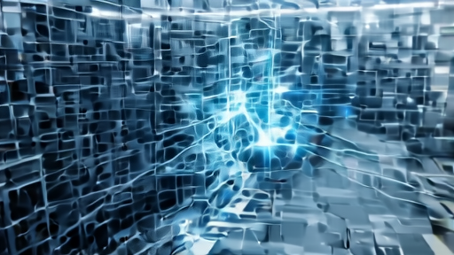 Workers draw glowing optical fiber in a factory while data-center racks wait nearby.