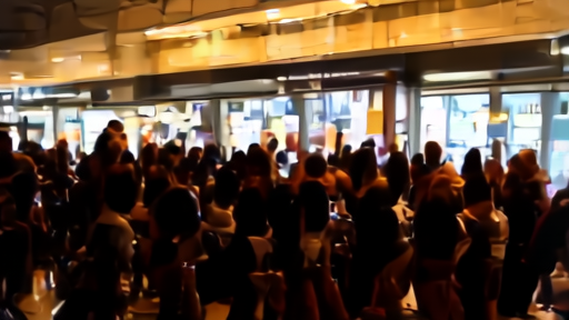 A crowded theater lobby with a sold-out board and a production ledger on the counter