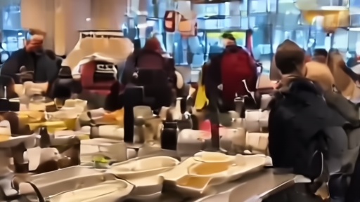 A restaurant host, courier, and customer phone share one AI order screen at a crowded counter.